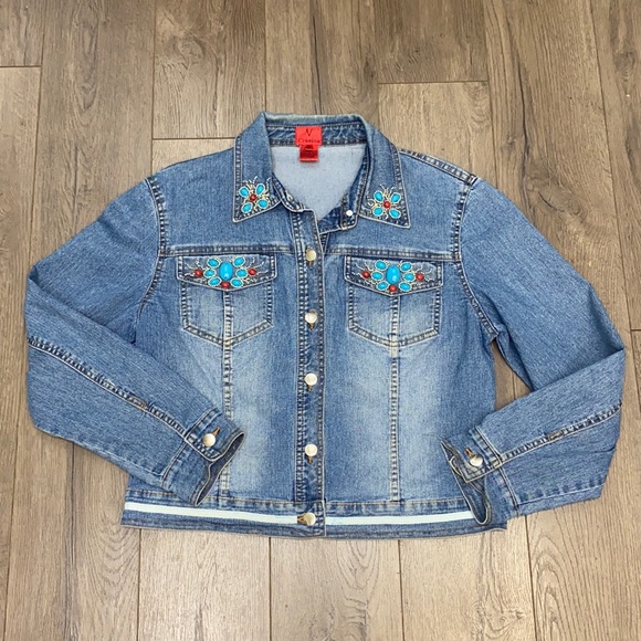 V Christina Women's Medium Blue Southwestern Influenced Jean Jacket - Picture 1 of 10